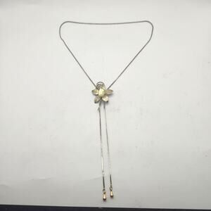 Vintage Floral Bolo Lariat Necklace Mixed Metal Leaf Yellow Cabochon Tassel Drop